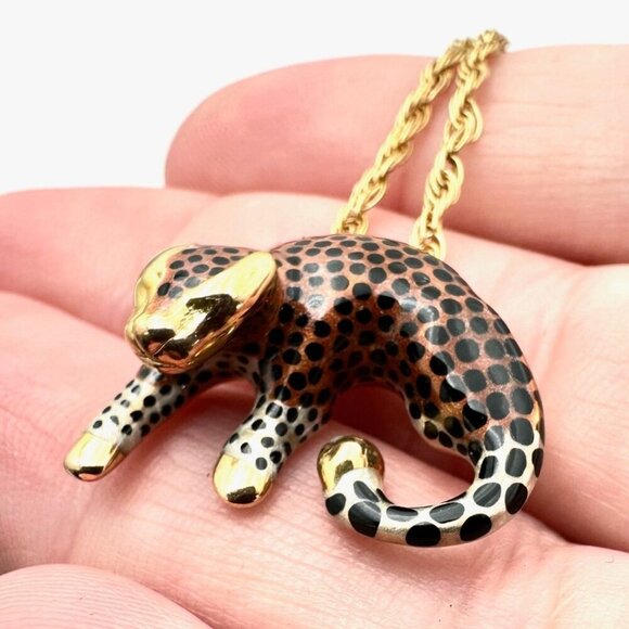 Womens Necklace 14K Gold Enamel Spotted Leopard Cougar Pendant Cheetah Cat - Picture 4 of 9